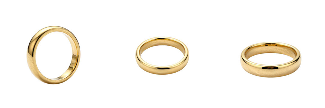 Arrangement of three simple gold wedding rings on a black backdrop creates a modern aesthetic