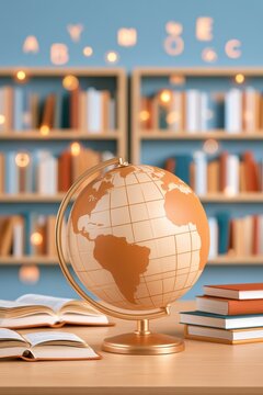 Globe on wooden desk surrounded by open books with soft lighting and floating letters in background