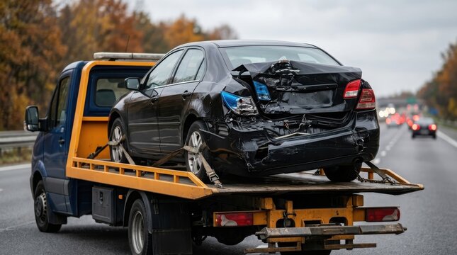 damaged car being towed on a flatbed truck on the highway , Dangerous crash accident, Distracted driving, Emergency response, Highway collision