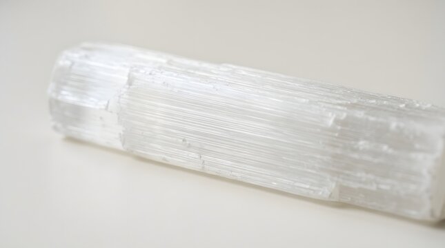 Long translucent selenite crystal wand displaying fibrous textures and bright white highlights under soft studio lighting on a neutral surface