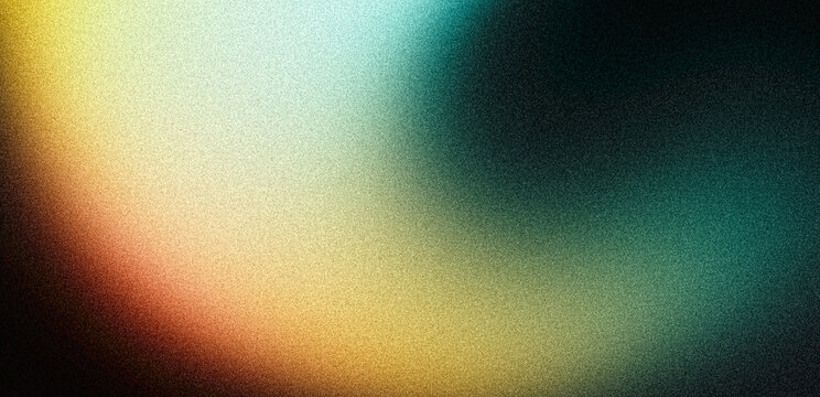 Grainy gradient color flow teal orange red yellow blurred shape on black background, vibrant glowing grain texture abstract backdrop for digital wallpaper, web banner, poster or website header design