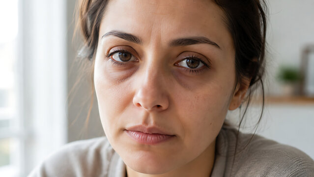 close up portrait of exhausted young woman with dark circles under eyes suffering from fatigue insomnia stress and lack of sleep looking directly at camera