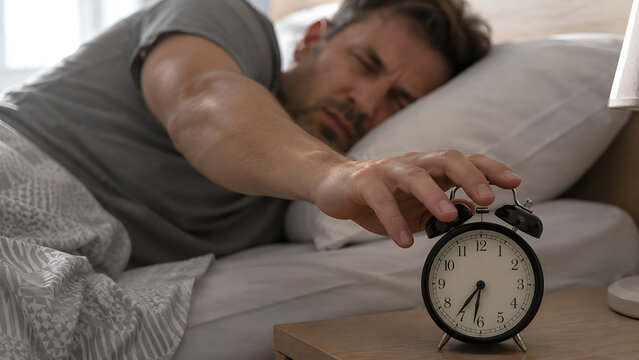 exhausted man reaching hand from bed to turn off retro alarm clock on nightstand suffering from early morning awakening fatigue and lack of restful sleep