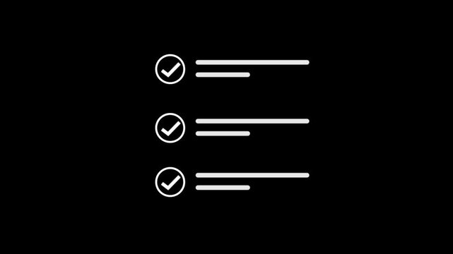 White Bullet Points Checklist Icon Animation Loop Isolated Black Background Minimal Task List with Checkmarks Motion Graphic Video Overlay