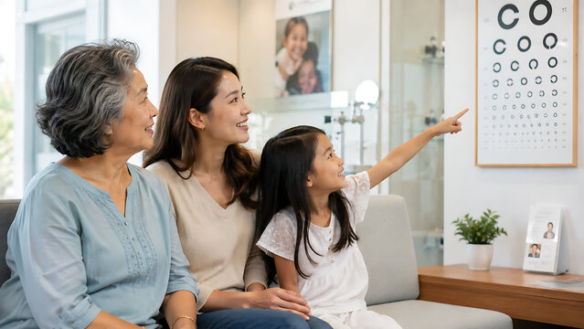 multi generation asian family with grandmother mother and little daughter pointing at eye chart during vision test and health checkup at optometry clinic