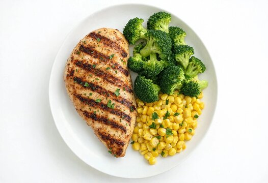 Grilled chicken breast served with broccoli and corn on a clean white plate