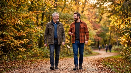 Obraz premium Two men walking and talking on a path through an autumn forest with colorful leaves