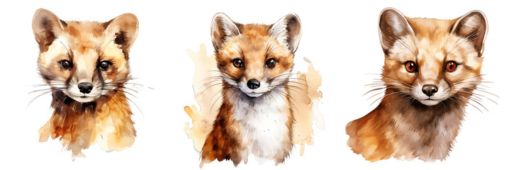 Naklejka premium Watercolor painting of three foxes in a row on a solid black background