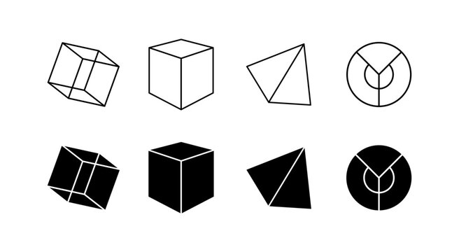 A meticulously crafted icon set showcasing a diverse collection of fundamental geometric shapes including cubes cones cylinders and spheres presented