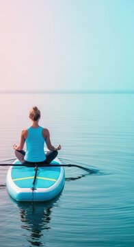 Woman Meditating on Paddleboard in Serene Lake at Sunrise.