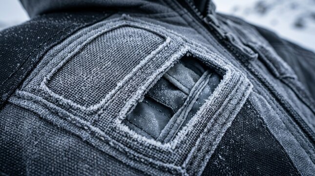 Frost covers a padded backpack strap and fabric in this close up.
