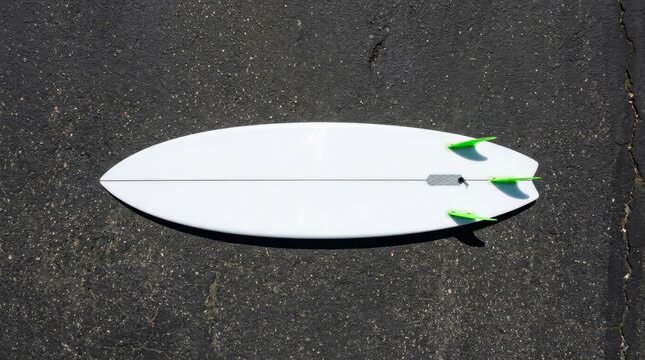 A white surfboard rests on dark asphalt with bright green fins.