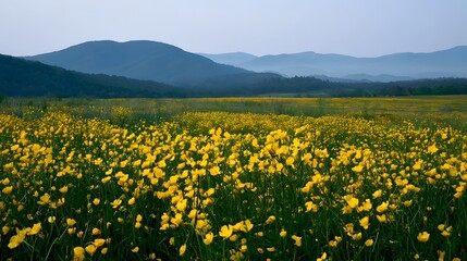 Fototapeta premium A vast field of yellow wildflowers stretches toward distant rolling hills under a soft overcast sky
