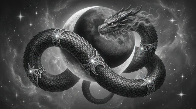 Dragon serpent coiled around a glowing crescent moon.