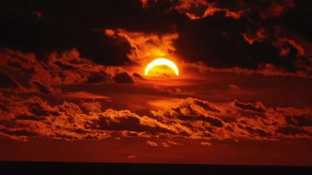 Fascinating solar eclipse unfolds during sunset time as the bright crescent sun peeks through heavy dark clouds over the dark horizon.