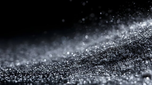 A close up of sparkling silver particles scattered across a dark surface  creating an abstract and textured visual effect