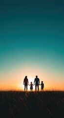 Fototapeta premium Silhouette of a Family Holding Hands Against a Vibrant Sunset Sky.