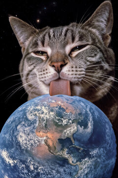 Giant Space Cat Licking Planet Earth in Outer Space