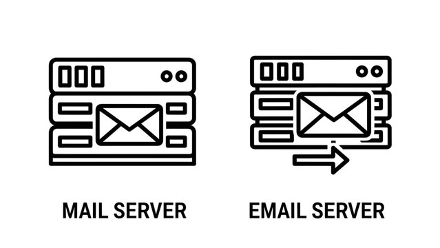 Mail server and outgoing email server network communication icons with internet