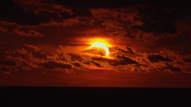 Partial solar eclipse of 2026 unfolds during sunset, with moon covering sun partially amidst dark clouds above dark ocean horizon.