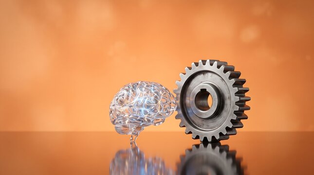 Artificial intelligence concept with glowing crystal human brain next to metal
