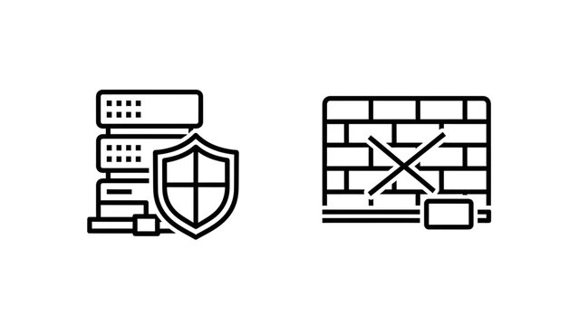 Data server protection shield and network firewall icons with firewall, security