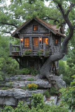 Cute little tree house for kids in the forest
