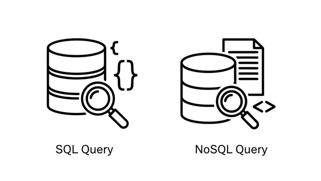 Sql query and no sql database management icon set with database, magnifying