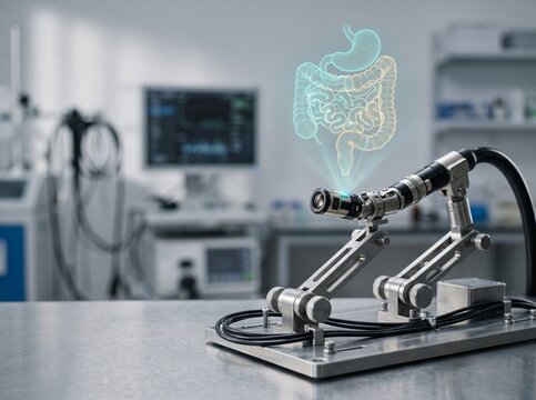Robotic endoscope tip on testing jig projecting 3D holographic gastrointestinal lumen reconstruction