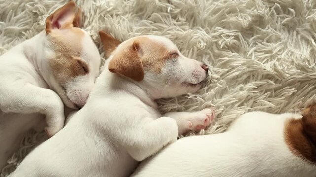 Jack Russell terrier puppy standing on a patterned rug in a cozy indoor space, alert pet moment, focused animal scene.