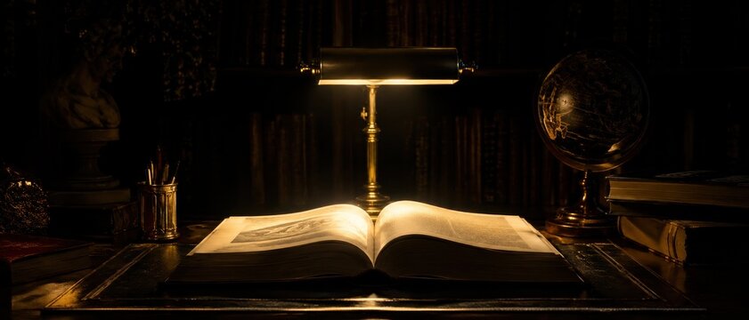 Antique desk with open book, globe, and lamp in dim light