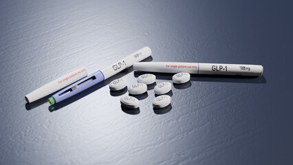3d rendered image of glucagon like peptide 1 or GLP-1 injection pens and pills. © Peter Hansen