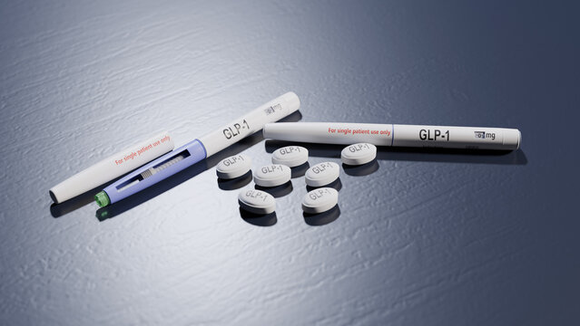 3d rendered image of glucagon like peptide 1 or GLP-1 injection pens and pills.