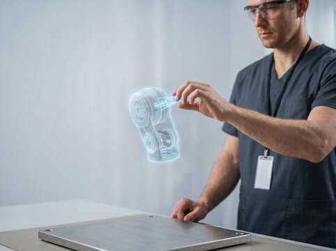 Biomedical engineer interacting with 3D holographic robotic surgical joint model in lab