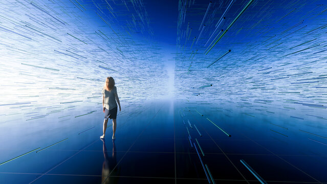 Conceptual 3D illustration of a woman in an abstract environment of blue and green glass rods.