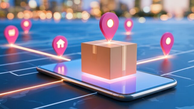 Glowing parcel on smartphone with luminous route and location pins