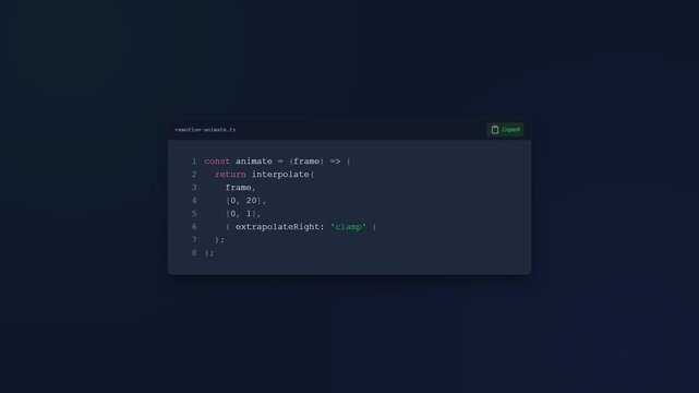Code Snippet Block Animation Showing Copy Button Click On Dark Background