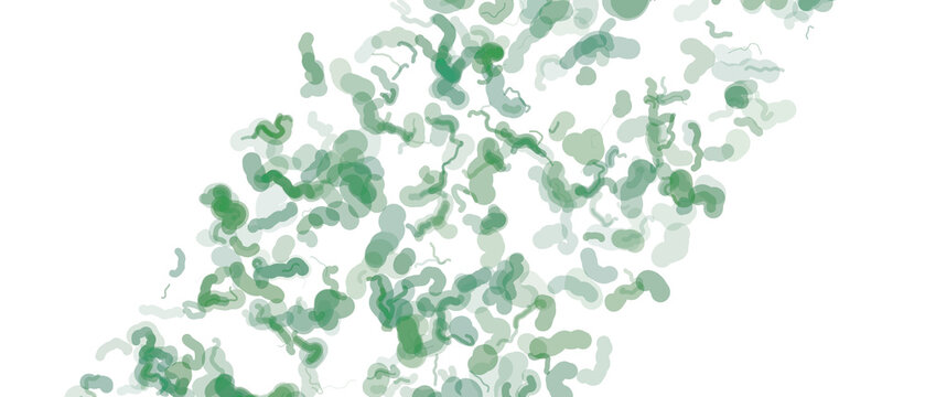 Densely packed green organic noodle shapes creating an abstract pattern on a solid black design space