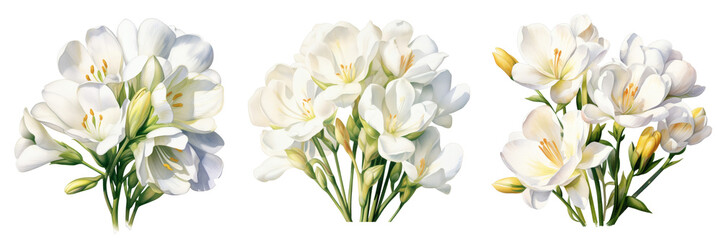 Fototapeta premium Three freesia flower bouquets in watercolor style, isolated on a black background