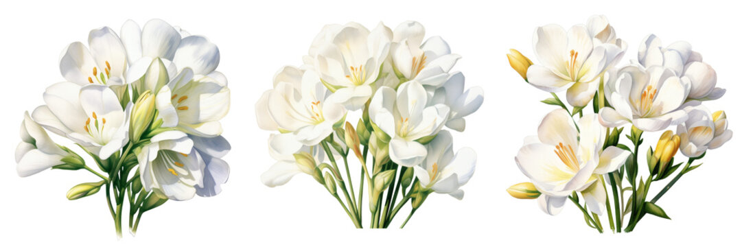 Three freesia flower bouquets in watercolor style, isolated on a black background