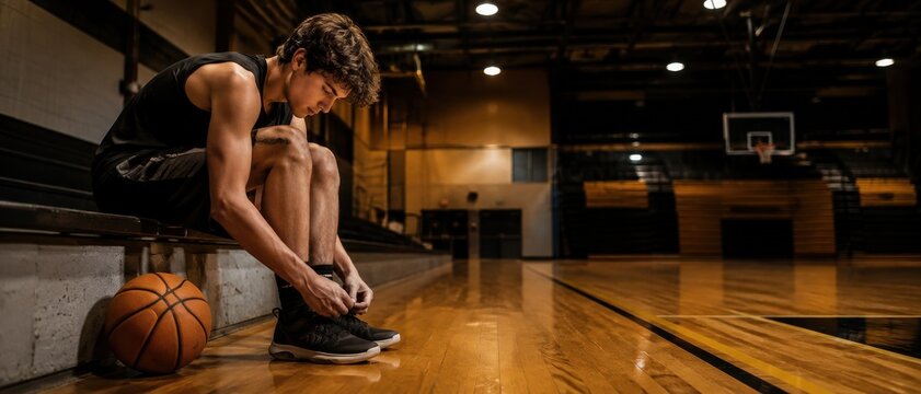 Young basketball player tying his shoes on the bench before a game