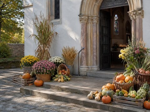 Eingang einer deutschen Kirche ist zum Erntedankfest festlich mit K&uuml;rbissen, Gem&uuml;se, Getreide und Herbstblumen geschm&uuml;ckt &ndash; traditionelle Erntegaben und christliches Brauchtum.