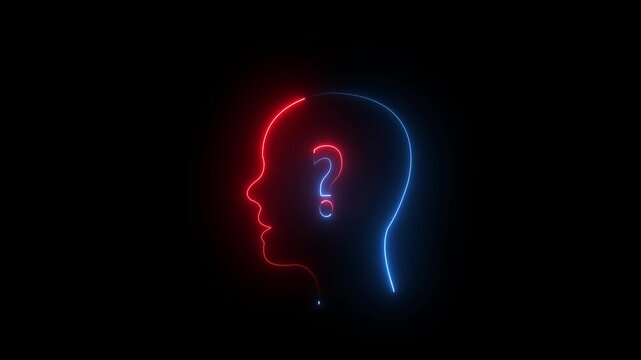 Human head profile in neon red and blue with a question mark on a black background human head silhouette