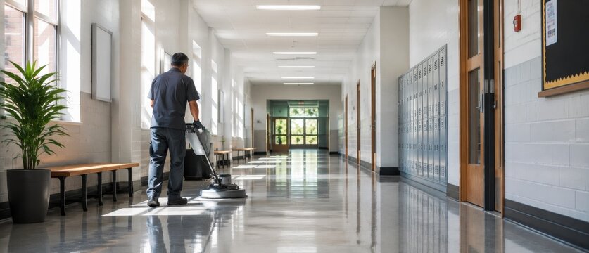Janitor polishing a school hallway floor with a floor buffer machine