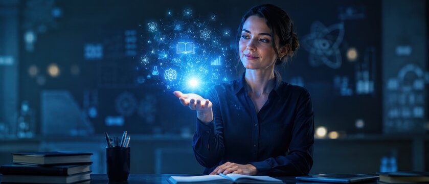 Teacher conjures glowing digital learning icons and data visualizations from her hand