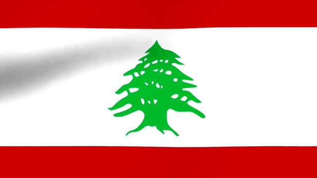 Waving national flag of Lebanon with green cedar tree emblem in the center on white background