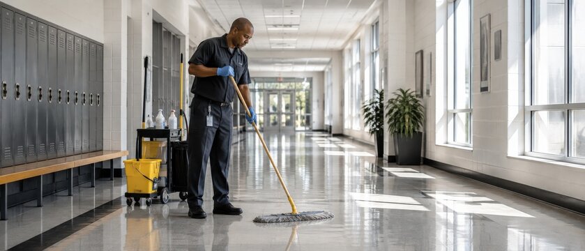 Janitor meticulously mops a polished school hallway floor with sunlight streaming in