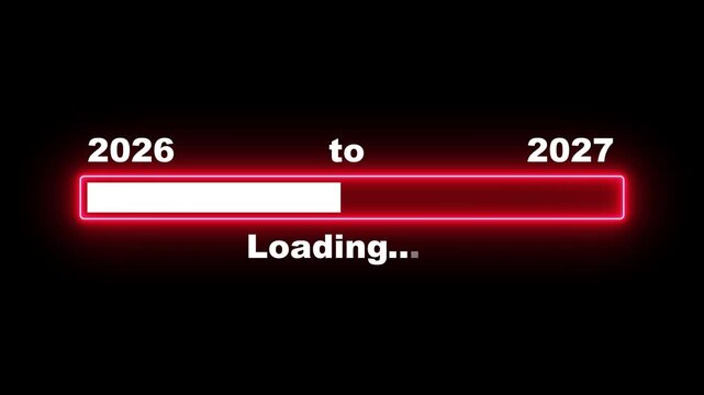 Neon line New Year 2027 loading bar animation showing the transition from 2026 to 2027, Progress loading bar moving toward the New Year. Almost reaching New Year, 4k video