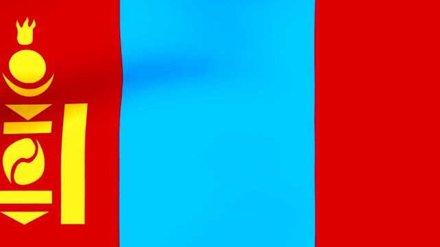 Waving national flag of Mongolia with bright red blue and yellow colors