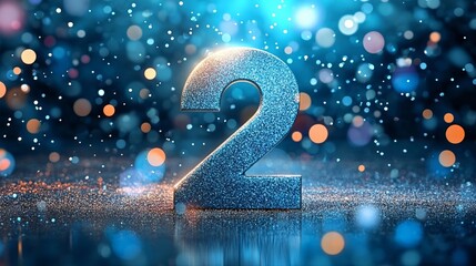 Fototapeta premium Metallic silver birthday number two standing tall on a festive bokeh background with glowing light.